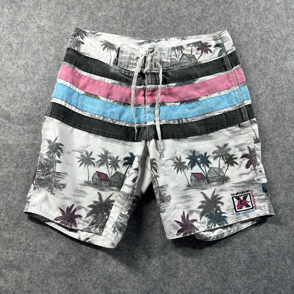 Vtg Quiksilver Board Shorts Mens 31 White Pink Blue‎ Tropical Palm Tree Striped